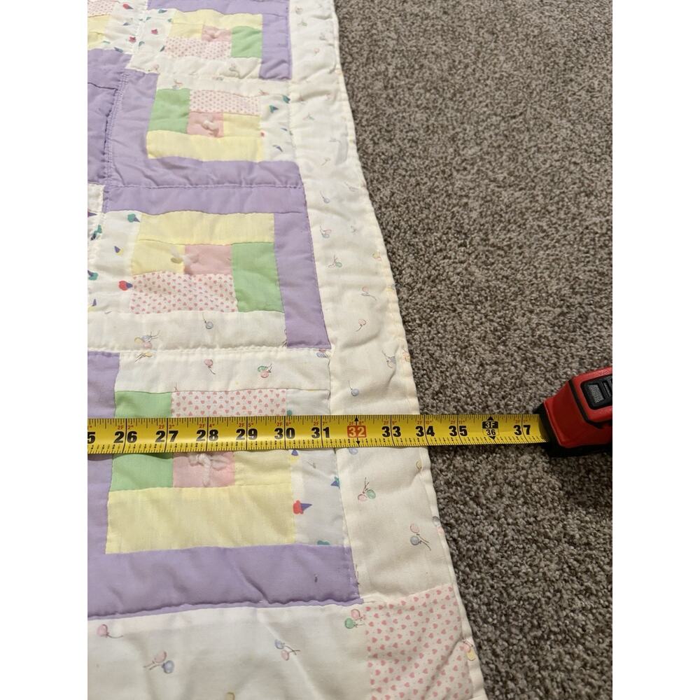 Vintage Pastel Log Cabin Style Crib Quilt. Handmade 34x47 Hand Stitched Quilted - Picture 3 of 9